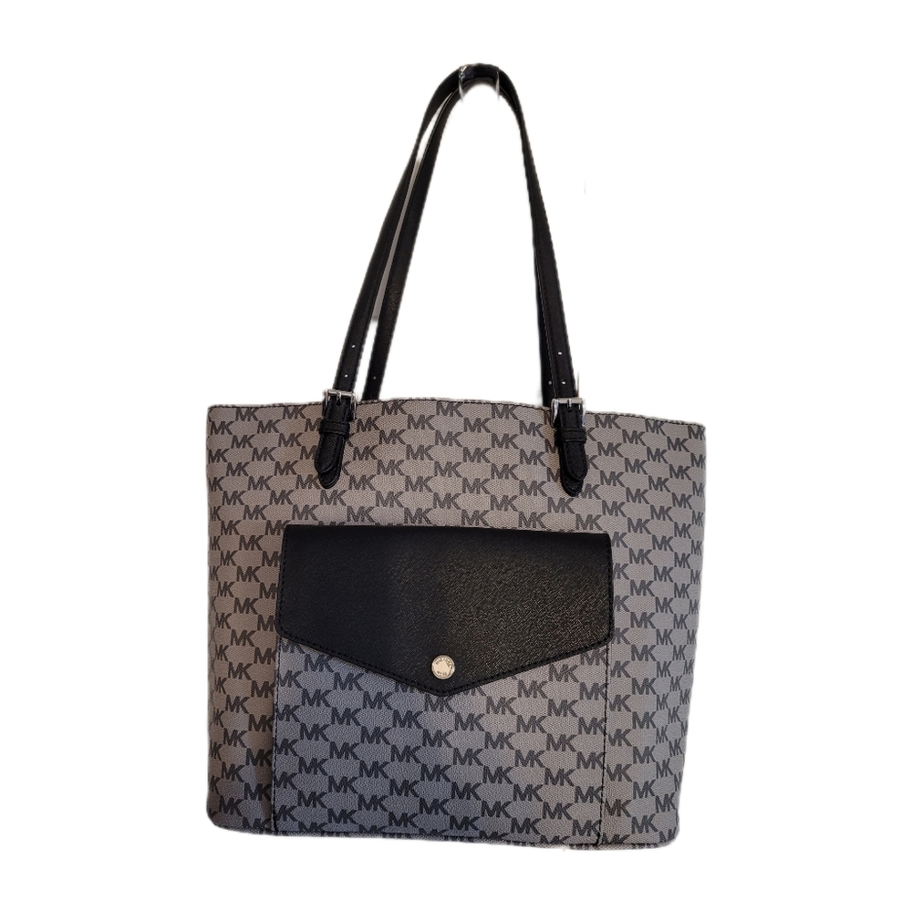 Michael Kors Jet Set Black & Gray Front Card Pocket Open Tote Shoulder Bag EUC - Picture 1 of 16